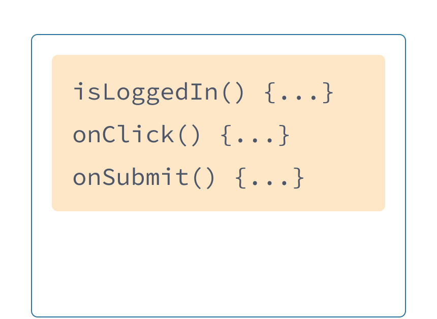 Trois gestionnaires JavaScript sur un fond sable : onSubmit, onLogin et onClick.